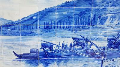 Azulejo tiles representing the Port wine transportation back in time